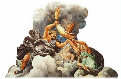 Weerhuisje.eu - Vroege beschavingen - Het Oude Griekenland - Zeus vanuit zijn zetel op de Olympus bliksemschichten slingerend volgens een fresco van Giulio Romano (1499-1546)