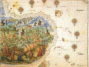 Weerhuisje.eu - Volksweerkunde - De tochten van de zeelieden als Christophorus Columbus leidden tot de ontdekking van weersverschijnselen die in de toenmalige volksweerkunde niet bekend waren. Het in kaart brengen van deze windsystemen werd erg belangrijk. Op deze kaart in 1547 is West-Afrika op zijn kop getekend (gezien vanuit Europa)